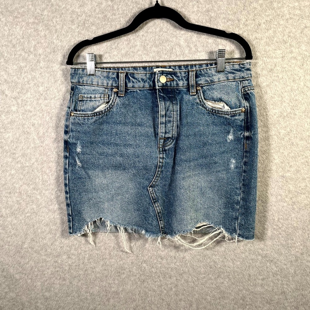 Only Blue Denim Mini Skirt Women 38 Distressed Medium Wash Frayed Hem Button Fly